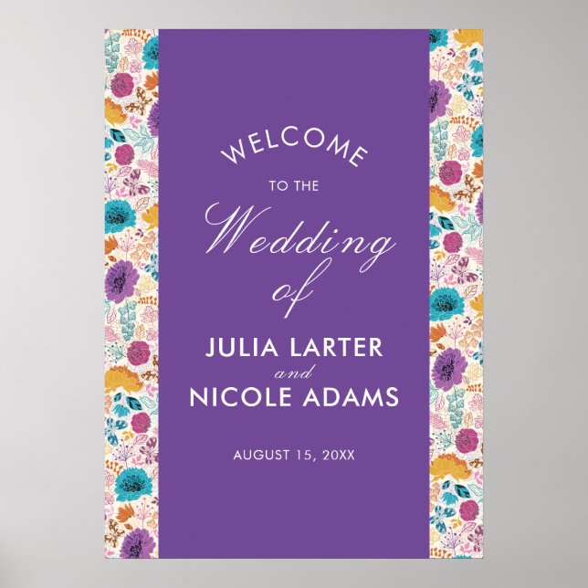 Teal Purple Yellow Spring Meadow Wedding Poster (Front)