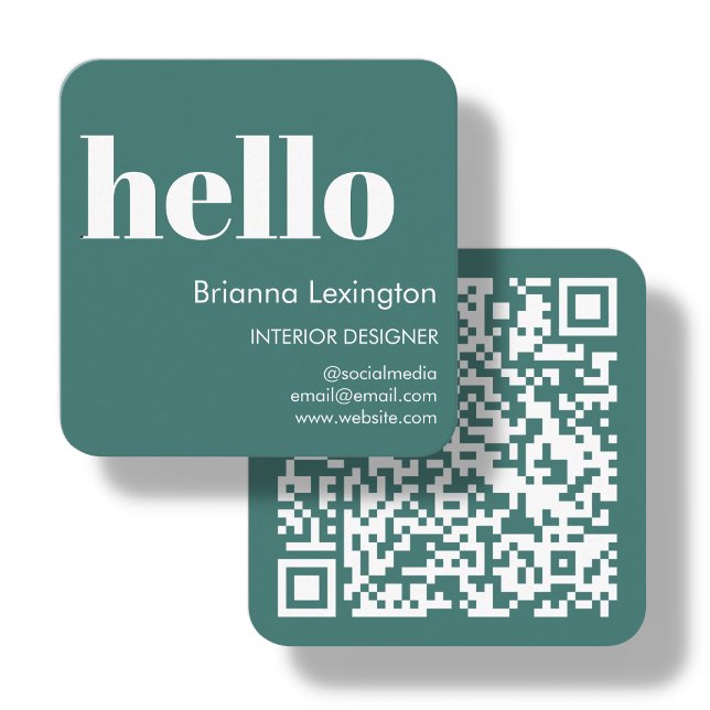 Teal | QR Code Social Media Hello Square Business Card (Creator Uploaded)