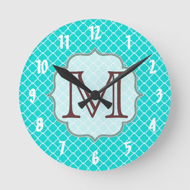 Teal Quarterfoil Latti Monogram Initial Wall Clock (Front)