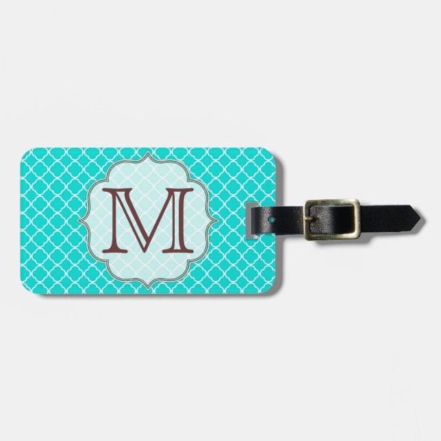 Teal Quarterfoil Latti Monogram Luggage Tag (Front Horizontal)