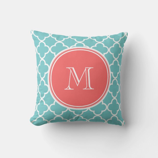Teal Quatrefoil Pattern, Coral Monogram Cushion (Front)