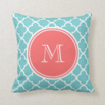 Teal Quatrefoil Pattern, Coral Monogram Cushion<br><div class="desc">Trendy, stylish, teal and white quatrefoil pattern you can personalise with a white monogram initial in a modern font, on a coral circle label, banner, frame with white circular lines border. GraphicsByMimi© A trendy pattern for her. Use the template field to add your monogram initial or letter or select “customise...</div>