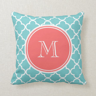 Teal Quatrefoil Pattern, Coral Monogram Cushion