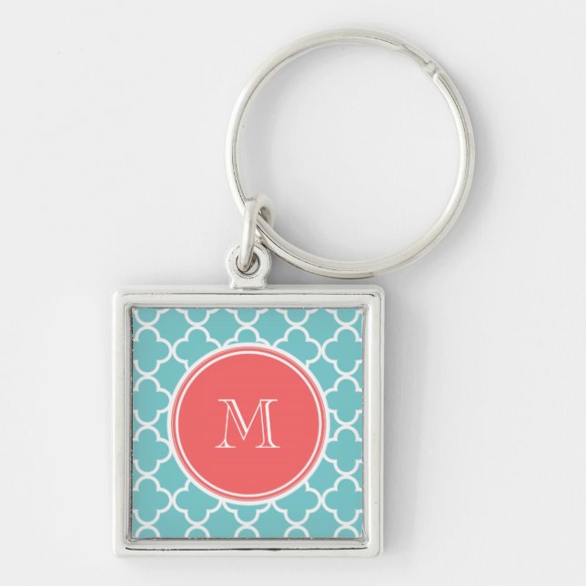 Teal Quatrefoil Pattern, Coral Monogram Key Ring (Front)