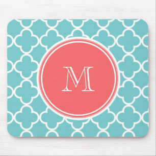 Teal Quatrefoil Pattern, Coral Monogram Mouse Mat