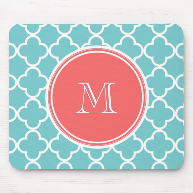 Teal Quatrefoil Pattern, Coral Monogram Mouse Mat (Front)