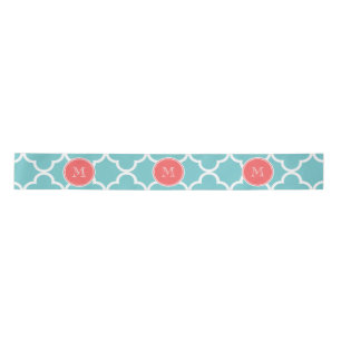 Teal Quatrefoil Pattern, Coral Monogram Satin Ribbon