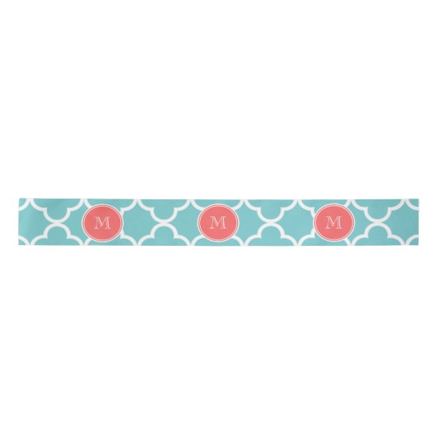 Teal Quatrefoil Pattern, Coral Monogram Satin Ribbon (Front)