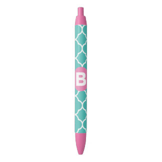 Teal Quatrefoil Pattern Custom Pink Monogram Black Ink Pen