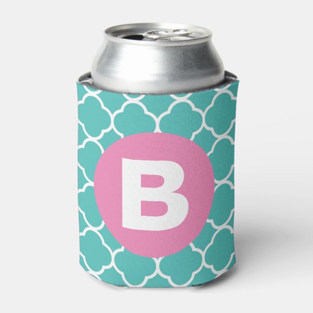 Teal Quatrefoil Pattern Custom Pink Monogram Can Cooler (Can Front)
