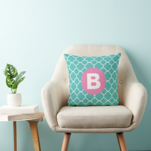 Teal Quatrefoil Pattern Custom Pink Monogram Cushion