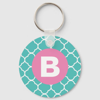 Teal Quatrefoil Pattern Custom Pink Monogram Key Ring