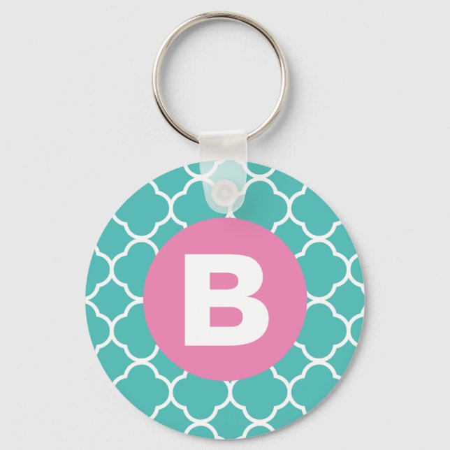 Teal Quatrefoil Pattern Custom Pink Monogram Key Ring (Front)