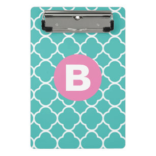 Teal Quatrefoil Pattern Custom Pink Monogram Mini Clipboard