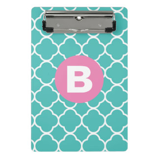 Teal Quatrefoil Pattern Custom Pink Monogram Mini Clipboard