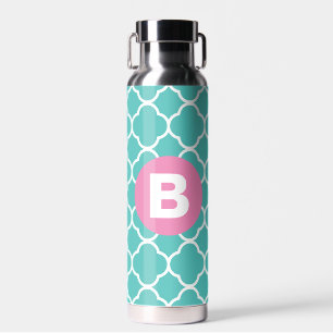 Teal Quatrefoil Pattern Custom Pink Monogram Water Bottle