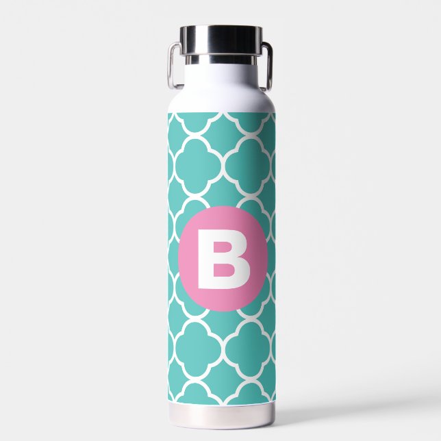 Teal Quatrefoil Pattern Custom Pink Monogram Water Bottle (Front)