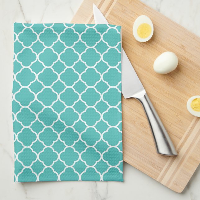 Teal Quatrefoil Pattern Tea Towel (Quarter Fold)