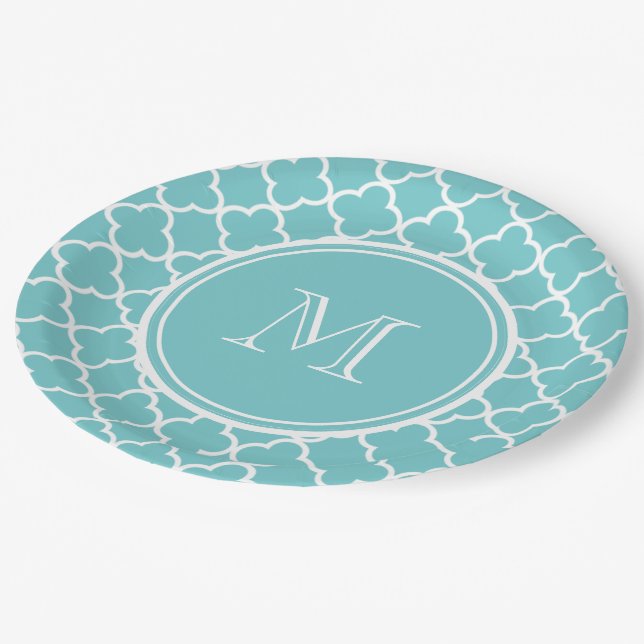 Teal Quatrefoil Pattern, Your Monogram Paper Plate (Angled)