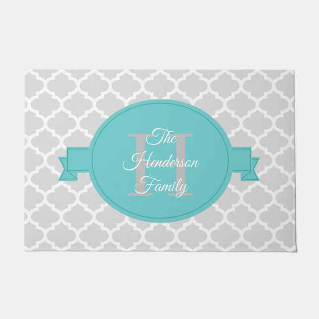 Teal Quatrefoil Personalised Doormat (Front)