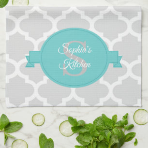 Teal Quatrefoil Personalised Kitchen Towel