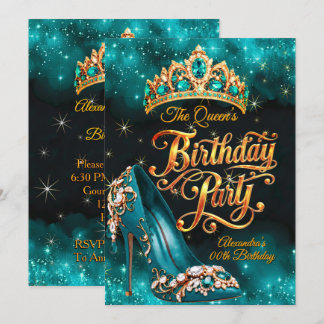 Teal Queen Princess Birthday Party Gold Shoe Tiara Invitation