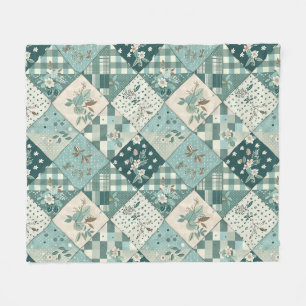 Teal Quilt Patchwork Gingham Cottagecore Floral Fleece Blanket