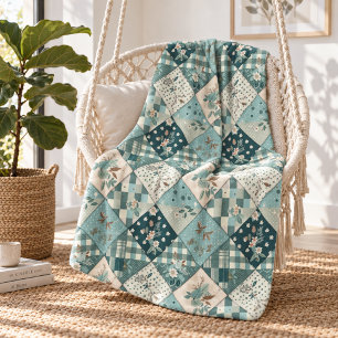 Teal Quilt Patchwork Gingham Cottagecore Floral Fleece Blanket