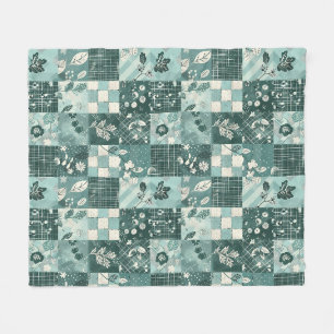 Teal Quilt Patchwork Gingham Cottagecore Floral Fleece Blanket