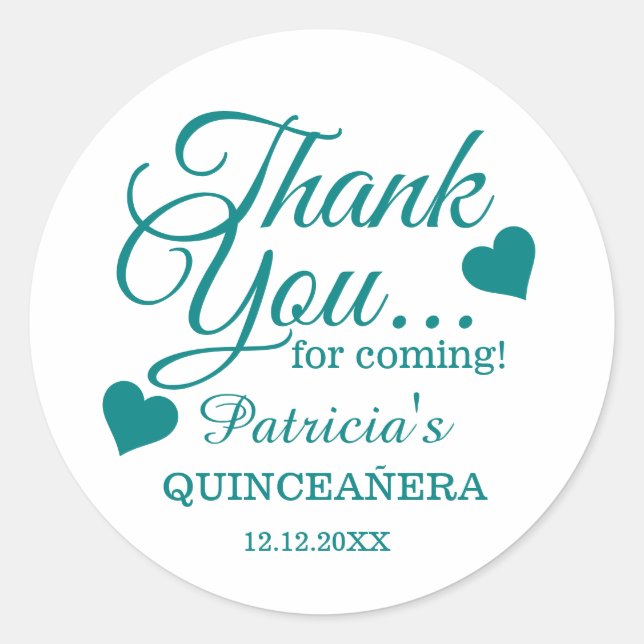 Teal Quinceañera 15th Birthday Party Thank You Classic Round Sticker (Front)