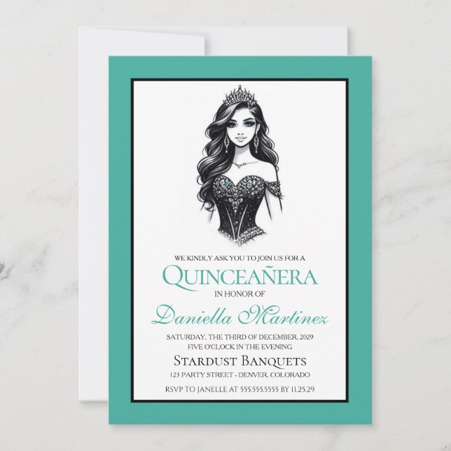 Teal Quinceañera Girl Invitation (Front)