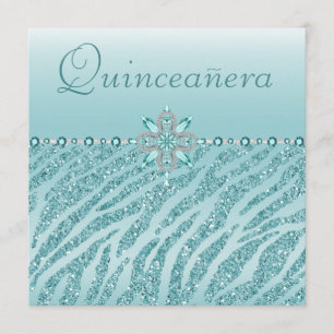 Teal Quinceanera Printed Jewels & Zebra Glitter Invitation