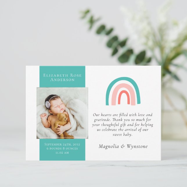 Teal Rainbow Photo New Baby  Thank You Card (Standing Front)