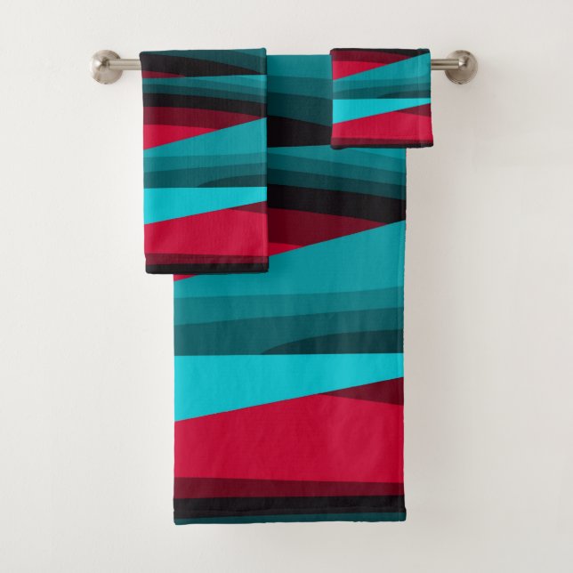 Teal-Red Abstract Bath Towel Set (Insitu)