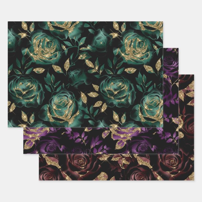 Teal Red and Purple and Gold Glitter Rose Pattern Wrapping Paper Sheet (Set)