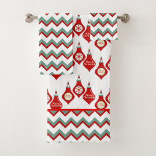 Teal Red Chevron Christmas Bulbs Bath Towel Set