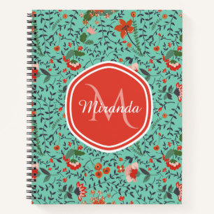 Teal Red Floral Monogram Name Notebook