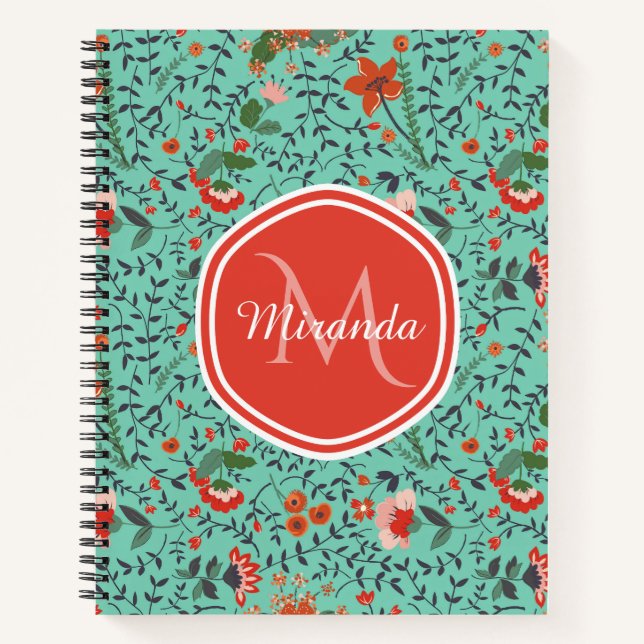 Teal Red Floral Monogram Name Notebook (Front)