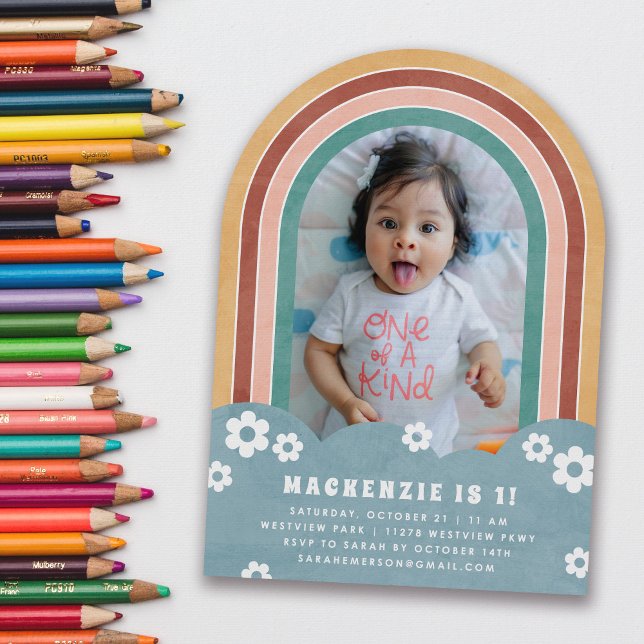 Teal Red Floral Rainbow Kid's Birthday Invitation (Creator Uploaded)