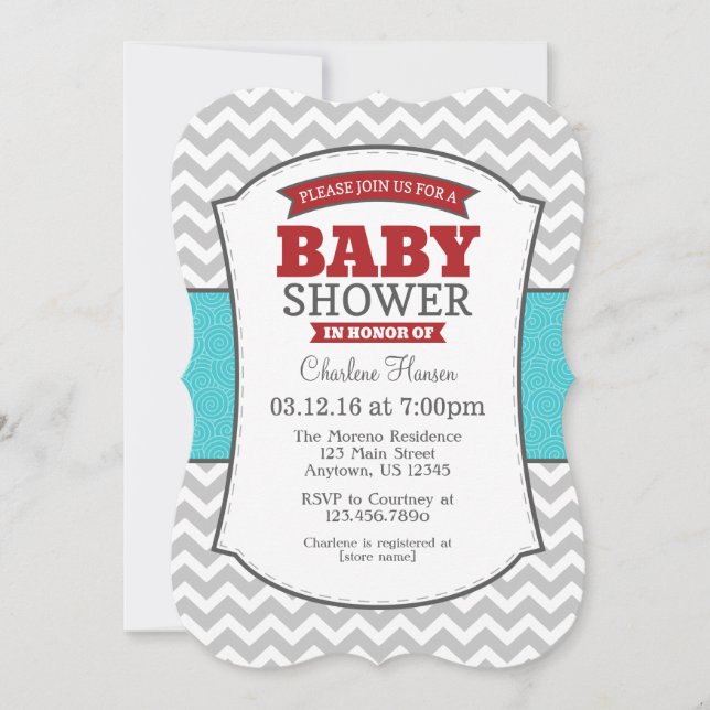 Teal Red Grey Chevron Baby Shower Invitation (Front)