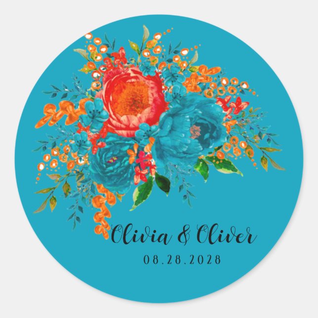 Teal Red Orange Botanical Floral Wedding Classic Round Sticker (Front)