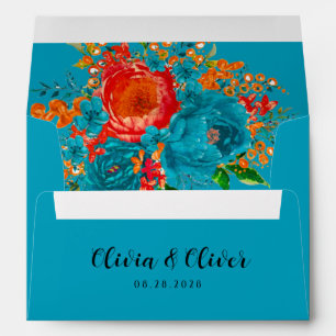 Teal Red Orange Botanical Floral Wedding Envelope