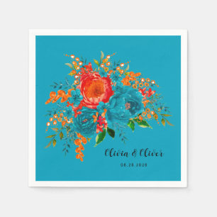 Teal Red Orange Botanical Floral Wedding Napkin