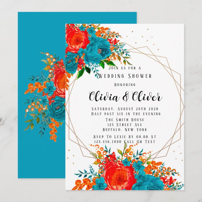 Teal Red Orange Botanical Floral Wedding Shower  Invitation (Front/Back)