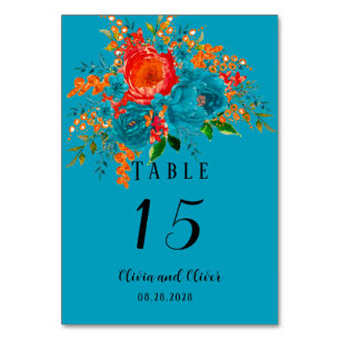 Teal Red Orange Botanical Floral Wedding Table Number