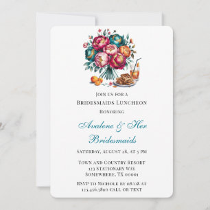 Teal Red Orange Bouquet Floral Bridesmaids Lunch Invitation