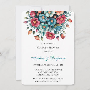 Teal Red Orange Bouquet Floral Gold Couples Shower Invitation