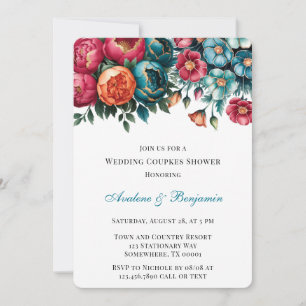 Teal Red Orange Floral Gold Wedding Couples Shower Invitation