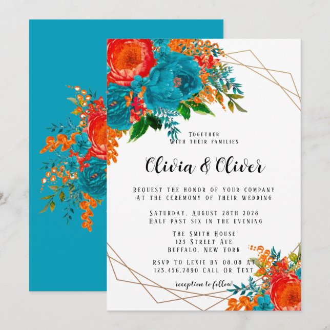 Teal Red Orange Peony Florals Wedding Invitation (Front/Back)