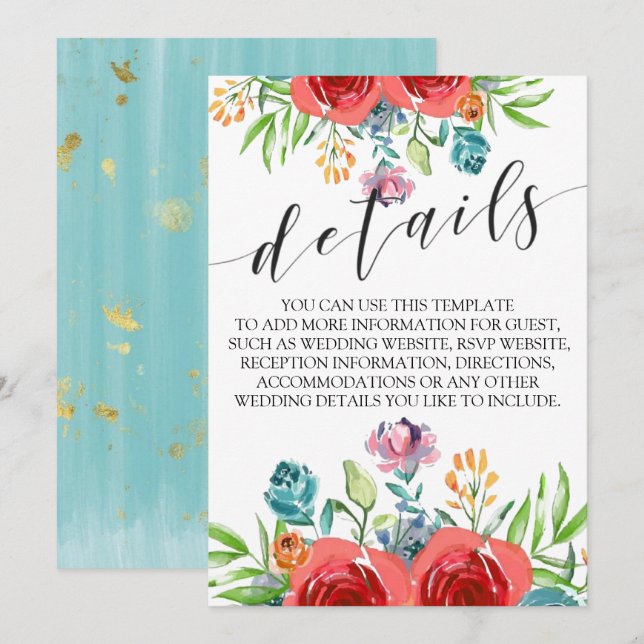 Teal Red Orange Watercolor Roses Wedding Details Invitation (Front/Back)